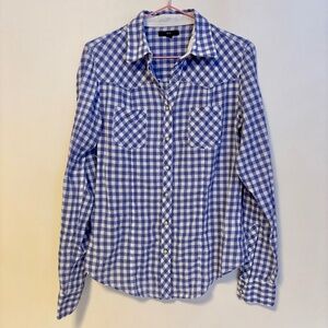GAP Collared Snap Button Down Blouse Shirt Top Blue White Checkered Plaid Size M